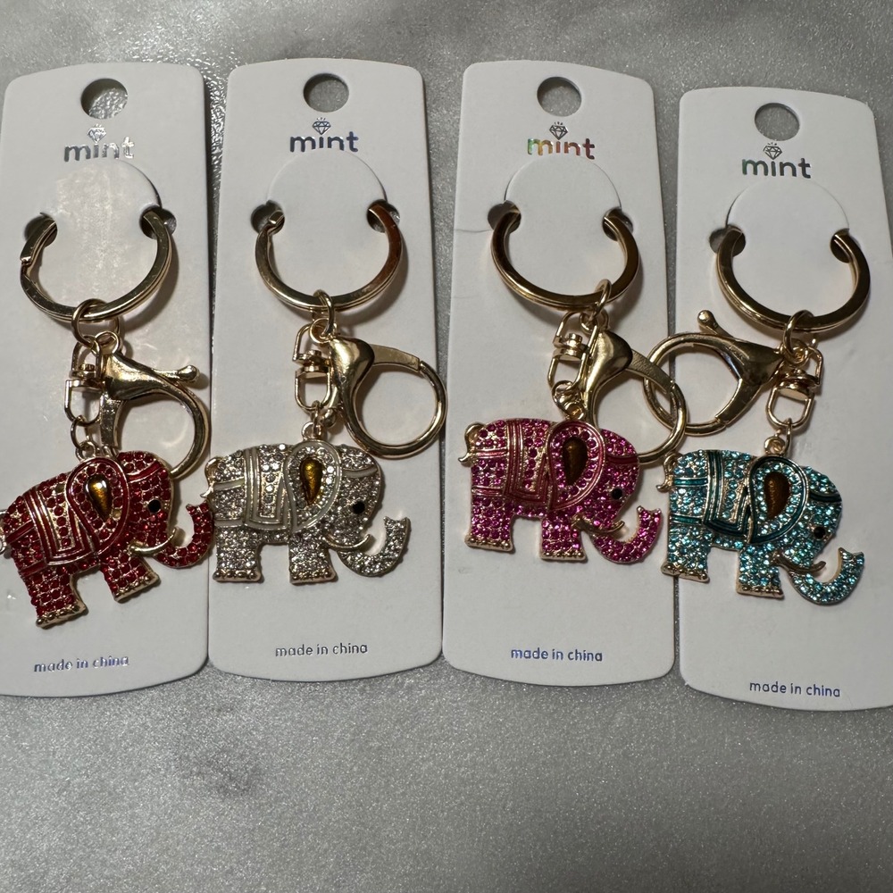 Mint Elephant Keychain Gold Tone Rhinestone Purse Charm, Choice of 1
